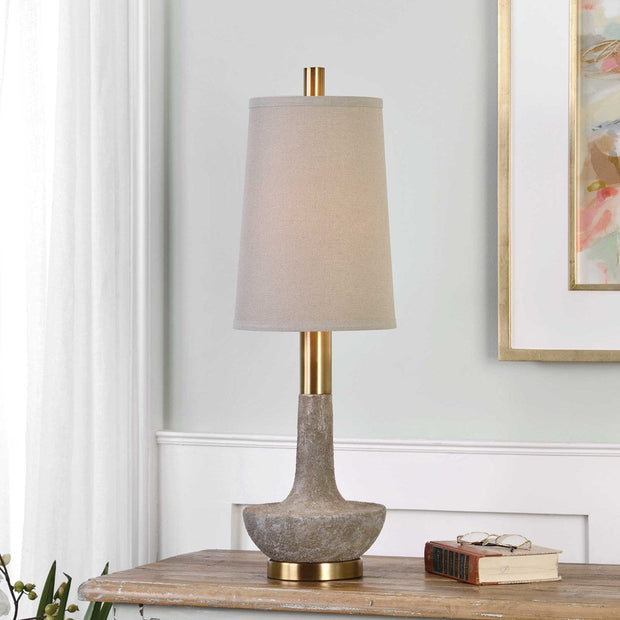 Uttermost Volongo Ivory Stone and Brushed Brass Buffet Lamp With Oatmeal Linen Shade