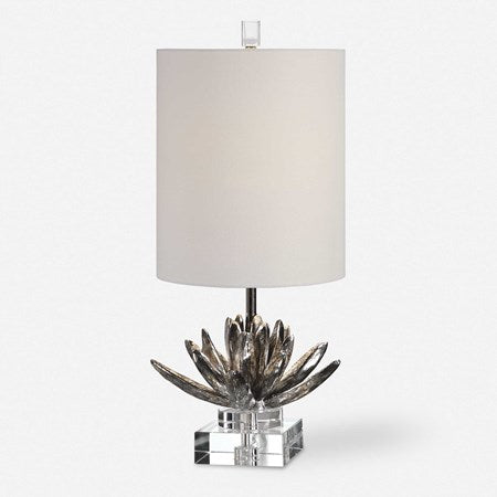 Uttermost Silver Lotus Metallic and Crystal Accent Lamp With White Linen Shade