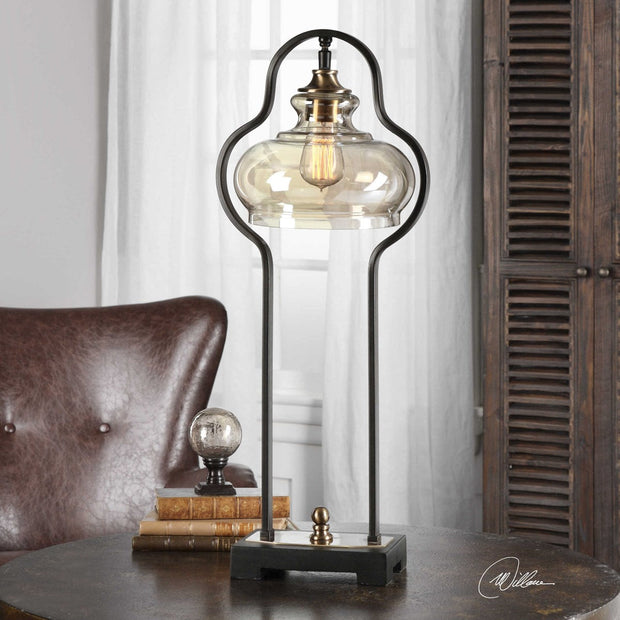 Uttermost Cotulla Forged Iron Accent Lamp With Amber Glass Shade