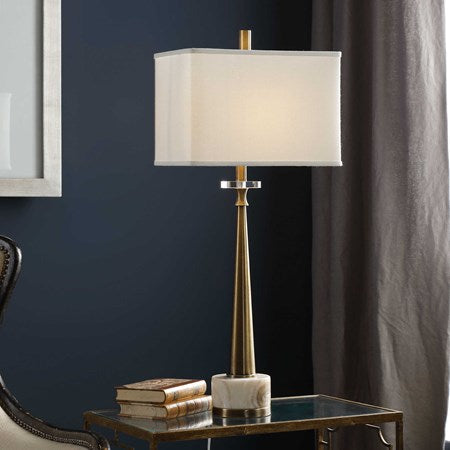 Uttermost Verner Antiqued Brass and Marble Buffet Lamp With Ivory Linen Shade
