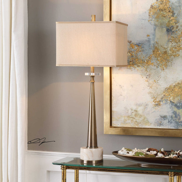 Uttermost Verner Antiqued Brass and Marble Buffet Lamp With Ivory Linen Shade
