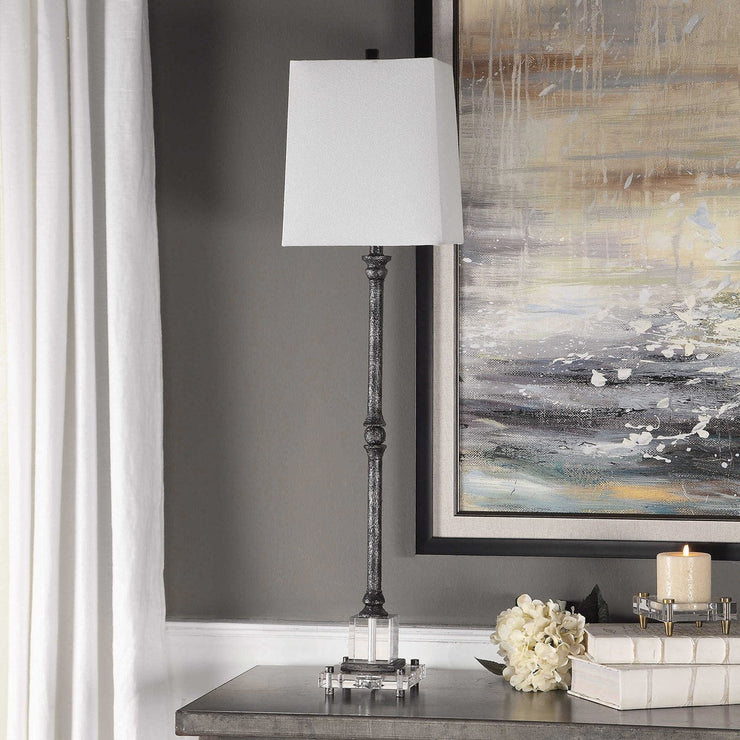 Uttermost Teala Aged Black Buffet Lamp With White Linen Shade
