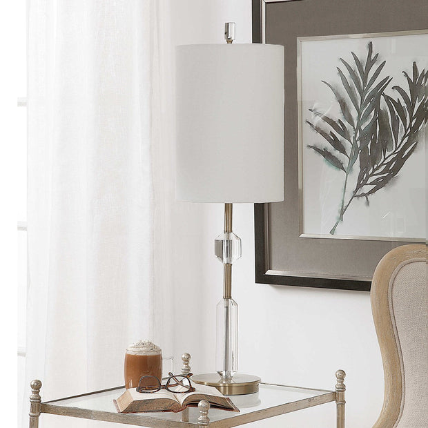Uttermost Margo Antiqued Brass and Crystal Buffet Lamp With White Linen Shade