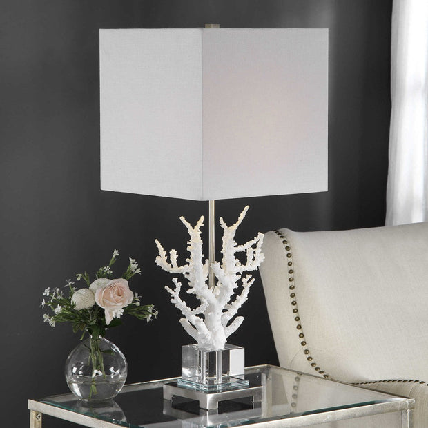 Uttermost Corallo White Coral and Crystal Table Lamp With Light Beige Linen Shade