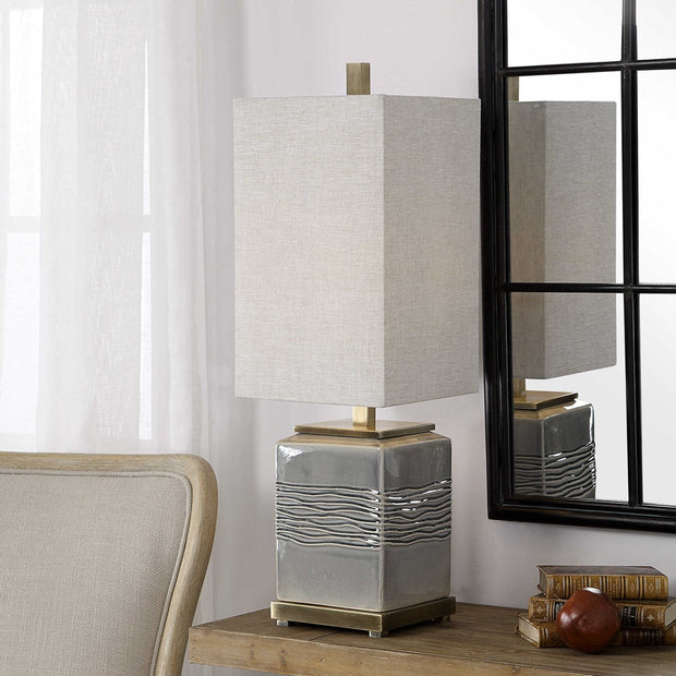 Uttermost Covey Gray Glazed Embossed Ceramic Buffet Lamp With Light Beige Linen Shade