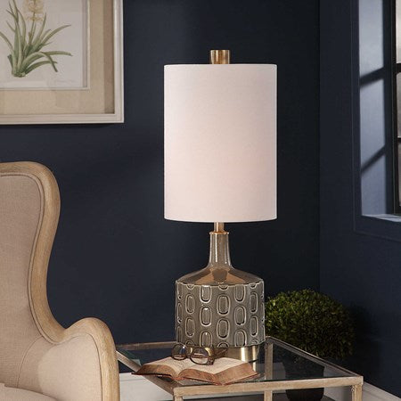 Uttermost Darrin Crackled Gray Glazed Embossed Ceramic Table Lamp With White Linen Shade