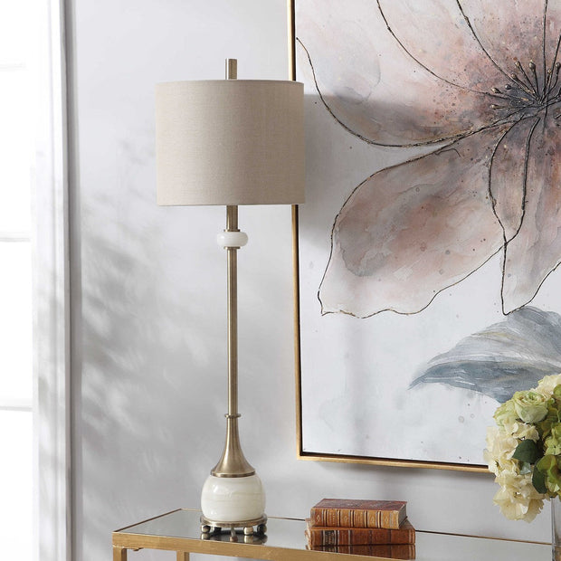 Uttermost Natania Antiqued Brass and White Marble Buffet Lamp With Linen Shade