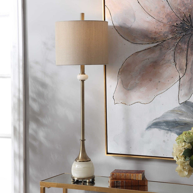 Uttermost Natania Antiqued Brass and White Marble Buffet Lamp With Linen Shade