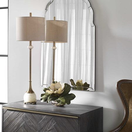 Uttermost Natania Antiqued Brass and White Marble Buffet Lamp With Linen Shade
