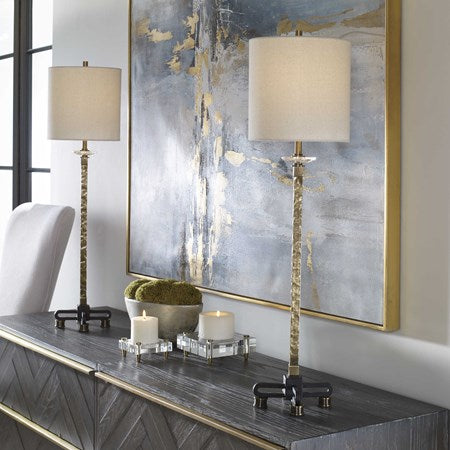 Uttermost Parnell Antiqued Brass Buffet Lamp With Beige Linen Shade