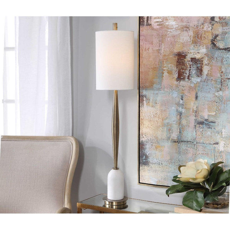 Uttermost Minette Antiqued Brass and White Marble Buffet Lamp With Linen Shade