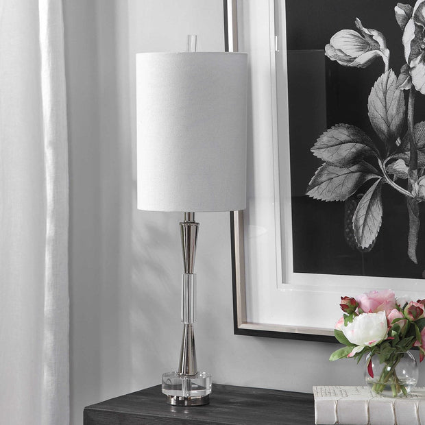 Uttermost Azaria Polished Nickel and Crystal Buffet Lamp With White Linen Shade