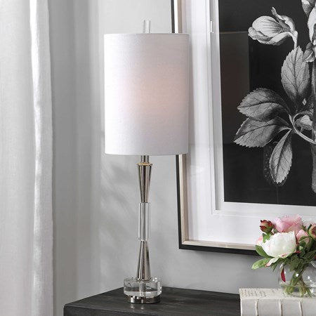 Uttermost Azaria Polished Nickel and Crystal Buffet Lamp With White Linen Shade