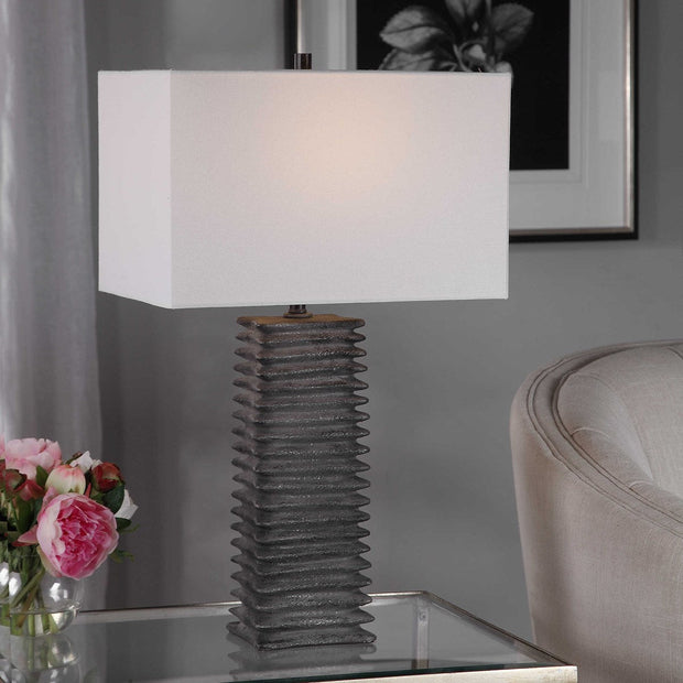 Uttermost Sanderson Metallic Charcoal Textured Ceramic Table Lamp With White Linen Shade