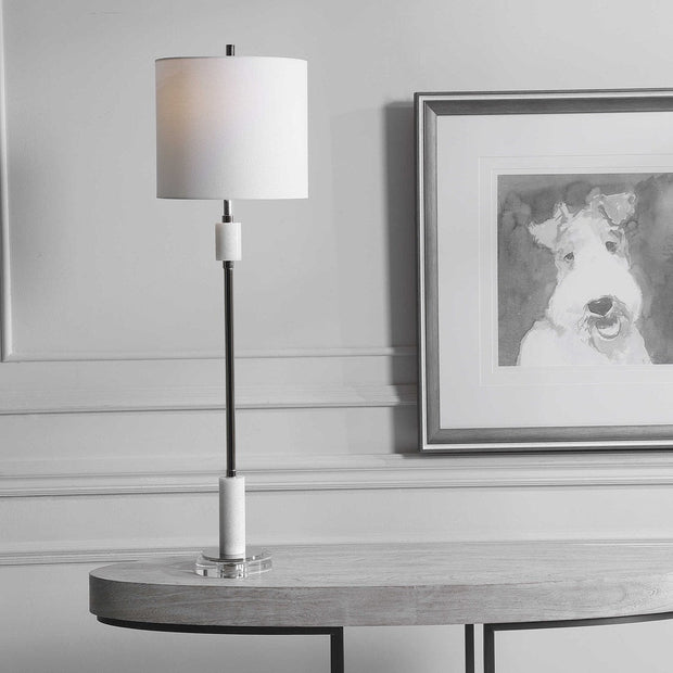 Uttermost Sussex Polished Nickel and White Marble Buffet Lamp With Linen Shade