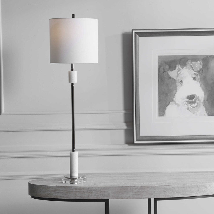 Uttermost Sussex Polished Nickel and White Marble Buffet Lamp With Linen Shade