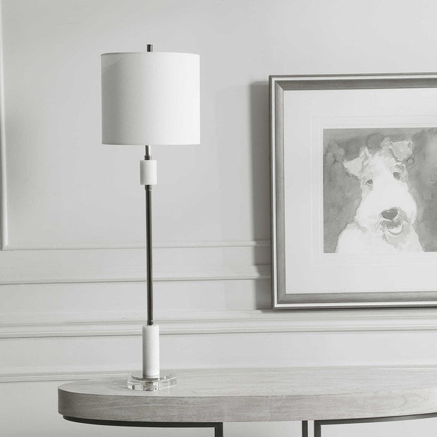 Uttermost Sussex Polished Nickel and White Marble Buffet Lamp With Linen Shade