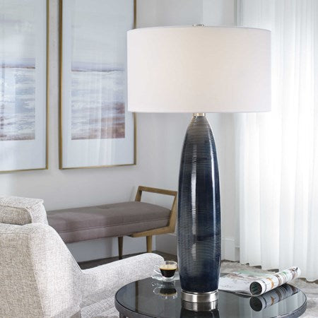 Uttermost Cullen Blue Gray Glazed Ceramic Table Lamp With White Linen Shaden