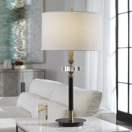 Uttermost Maud Agee Black and Antiqued Brass Table Lamp With White Linen Shade