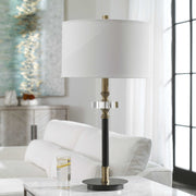 Uttermost Maud Agee Black and Antiqued Brass Table Lamp With White Linen Shade