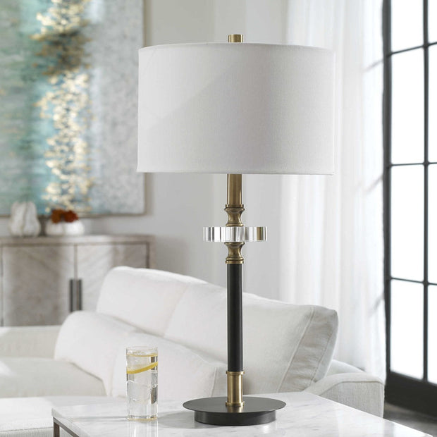 Uttermost Maud Agee Black and Antiqued Brass Table Lamp With White Linen Shade