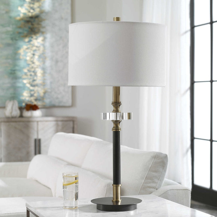 Uttermost Maud Agee Black and Antiqued Brass Table Lamp With White Linen Shade