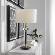 Uttermost Maud Agee Black and Antiqued Brass Table Lamp With White Linen Shade