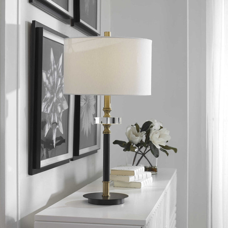 Uttermost Maud Agee Black and Antiqued Brass Table Lamp With White Linen Shade