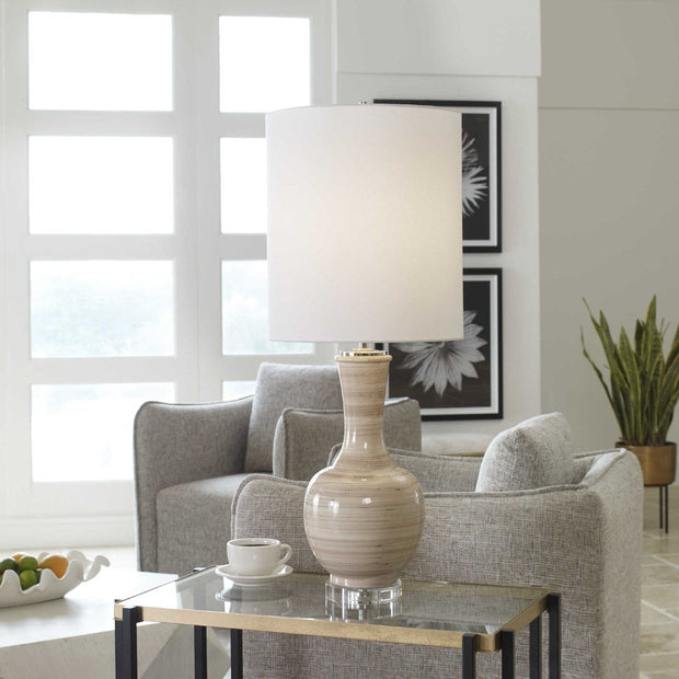 Uttermost Chalice Taupe, Tan and Charcoal Ceramic Table Lamp With White Linen Shade