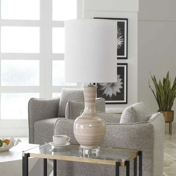 Uttermost Chalice Taupe, Tan and Charcoal Ceramic Table Lamp With White Linen Shade
