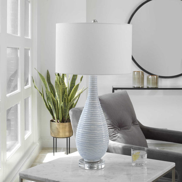 Uttermost Clariot Blue and White Glazed Ceramic Table Lamp With White Linen Shade