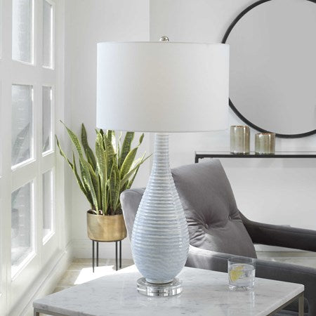 Uttermost Clariot Blue and White Glazed Ceramic Table Lamp With White Linen Shade