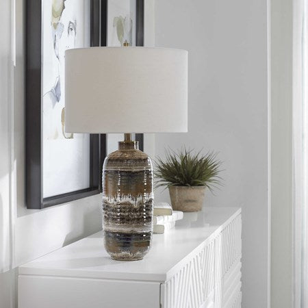 Uttermost Roan Clay, Taupe and Charcoal Ceramic Table Lamp With White Linen Shade