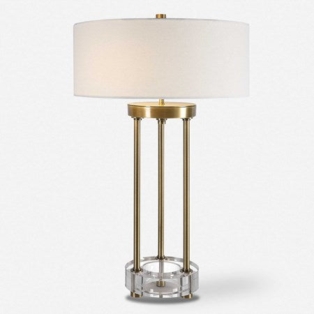 Uttermost Pantheon Antiqued Brass Iron Table Lamp With White Linen Shade