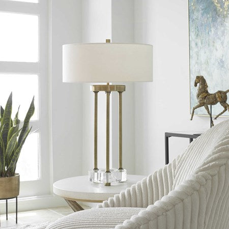 Uttermost Pantheon Antiqued Brass Iron Table Lamp With White Linen Shade