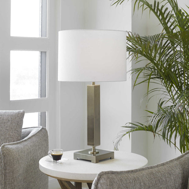 Uttermost Duomo Antique Brass Table Lamp With White Linen Shade