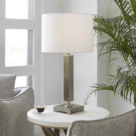 Uttermost Duomo Antique Brass Table Lamp With White Linen Shade