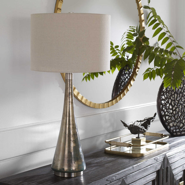 Uttermost Contour Blue Green Metallic Glass Table Lamp With Oatmeal Drum Shade