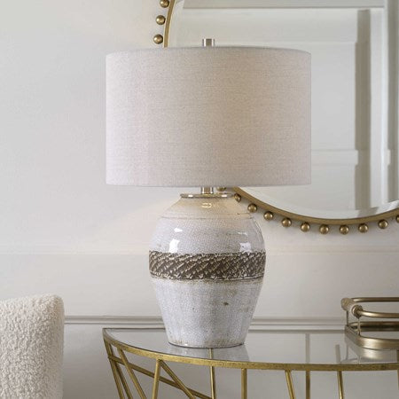 Uttermost Poul Light Gray Crackled Glazed Ceramic Table Lamp With Linen Shade
