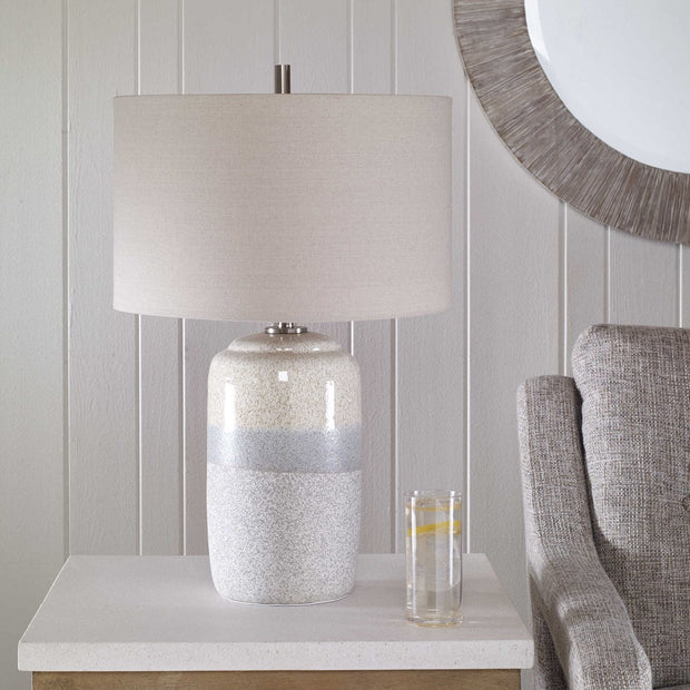 Uttermost Pinpoint Mottled White and Gray Ceramic Table Lamp With Linen Shade