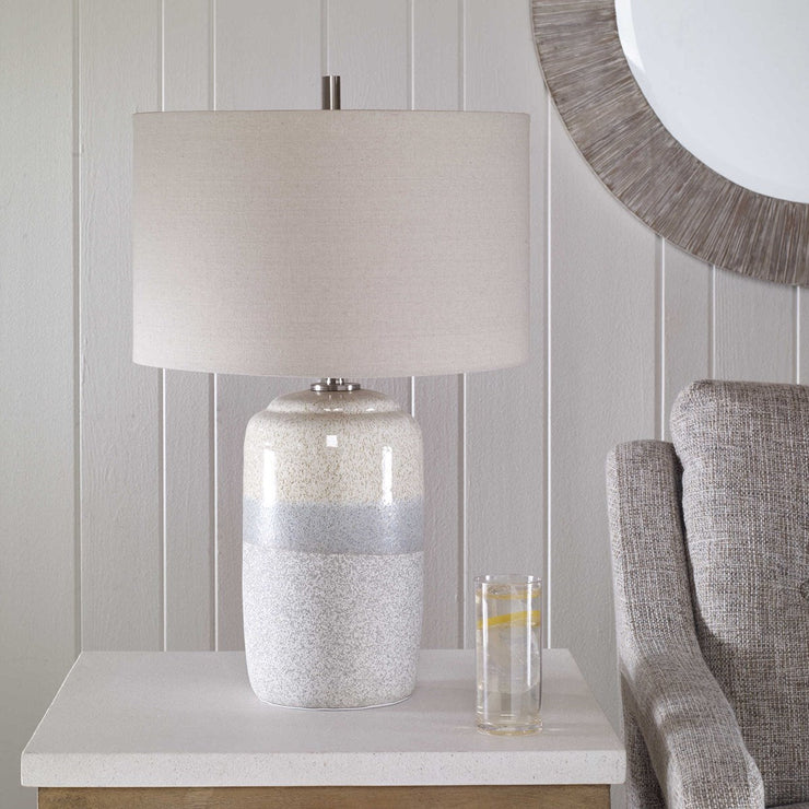 Uttermost Pinpoint Mottled White and Gray Ceramic Table Lamp With Linen Shade