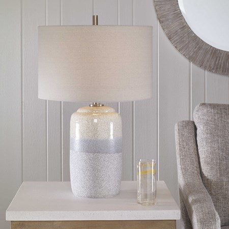 Uttermost Pinpoint Mottled White and Gray Ceramic Table Lamp With Linen Shade