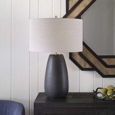 Uttermost Twilight Satin Black Ceramic Table Lamp With Light Gray Linen Shade