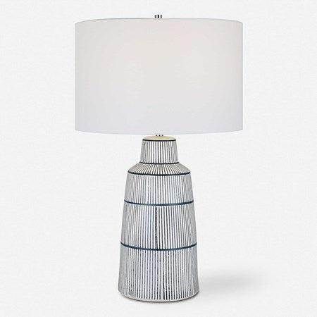 Uttermost Breton White Glaze and Navy Stripes Ceramic Table Lamp With Linen Shade
