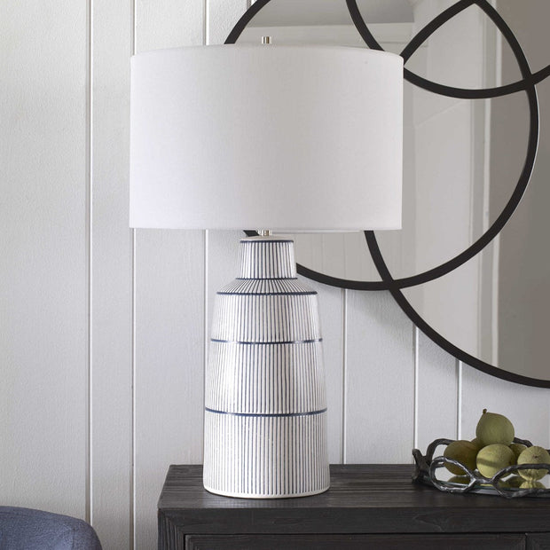Uttermost Breton White Glaze and Navy Stripes Ceramic Table Lamp With Linen Shade