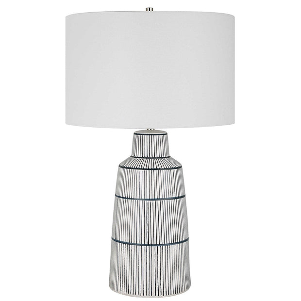Uttermost Breton White Glaze and Navy Stripes Ceramic Table Lamp With Linen Shade