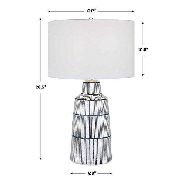 Uttermost Breton White Glaze and Navy Stripes Ceramic Table Lamp With Linen Shade