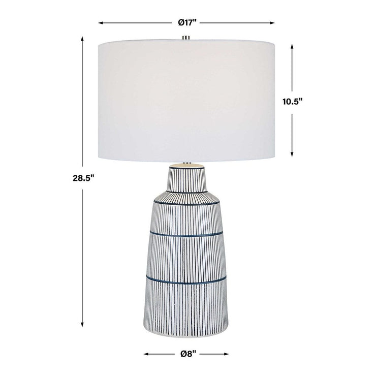 Uttermost Breton White Glaze and Navy Stripes Ceramic Table Lamp With Linen Shade