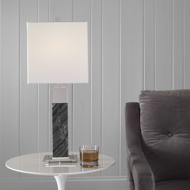 Uttermost Pilaster Black Marble Table Lamp With White Linen Shade