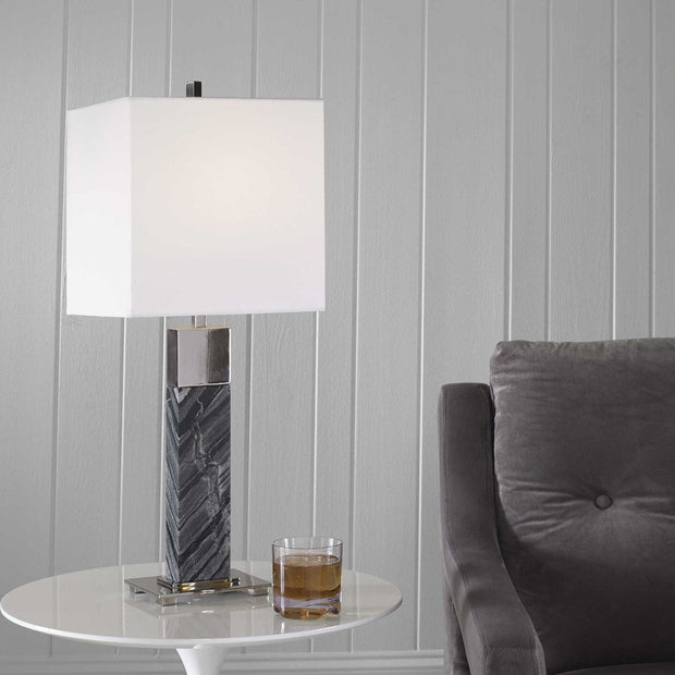 Uttermost Pilaster Black Marble Table Lamp With White Linen Shade